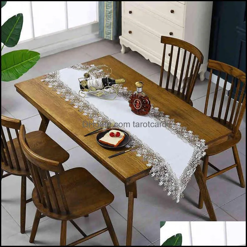 Elegant Lace Embroidered Table-runner Decorative Cotton Linen White Lace Embroidery Table Runner 220107