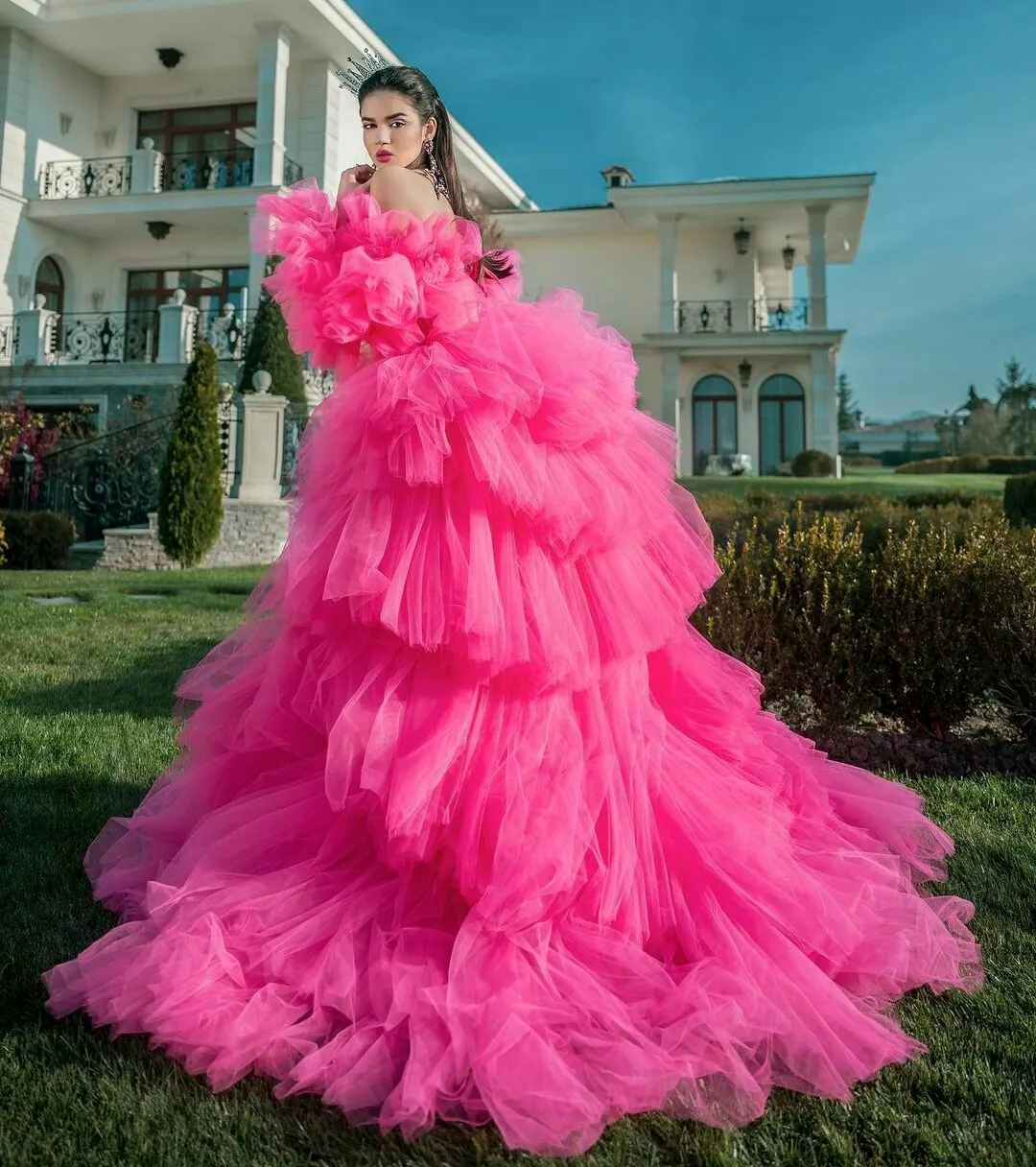 2021 Emerald Rose Pink Tiered Evening Gown With Long Sleeves