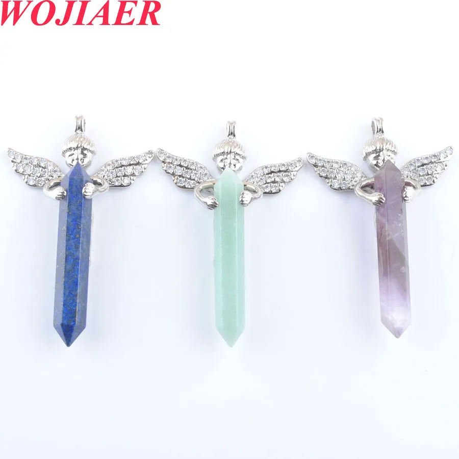 Wojiaer Natural Gemstones Подвеска для длинных меча шестиугольный Prism Prism Cupid Angel Wings для ожерелья хрустальные женщины мужские ювелирные изделия BO907
