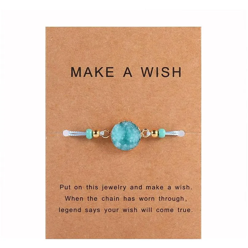 handmade druzy resin stone bracelet make a wish card wax rope braided bracelets bangles with rice bead for women girls summer beach