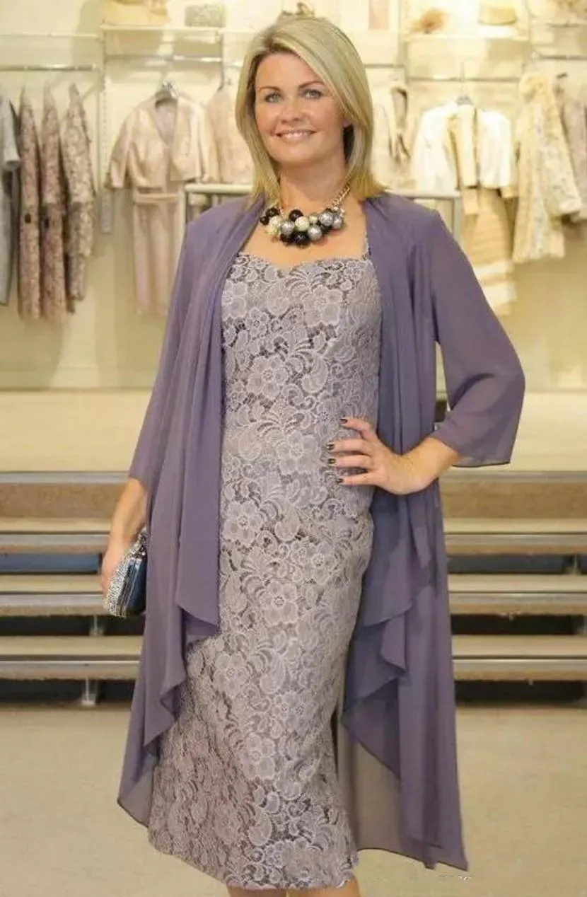 Abiti eleganti in due pezzi color lavanda per la madre della sposa Abiti in pizzo pieno con giacca Lunghezza tè Abiti da ballo corti Plus Size