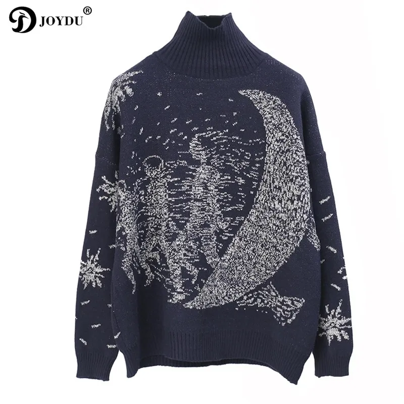 JOYDU Pull À Col Roulé Femmes Hiver Épais Piste Conception Galaxy Lune Surdimensionné Casual Laine Pull En Tricot Pull Pull Femme LJ201113