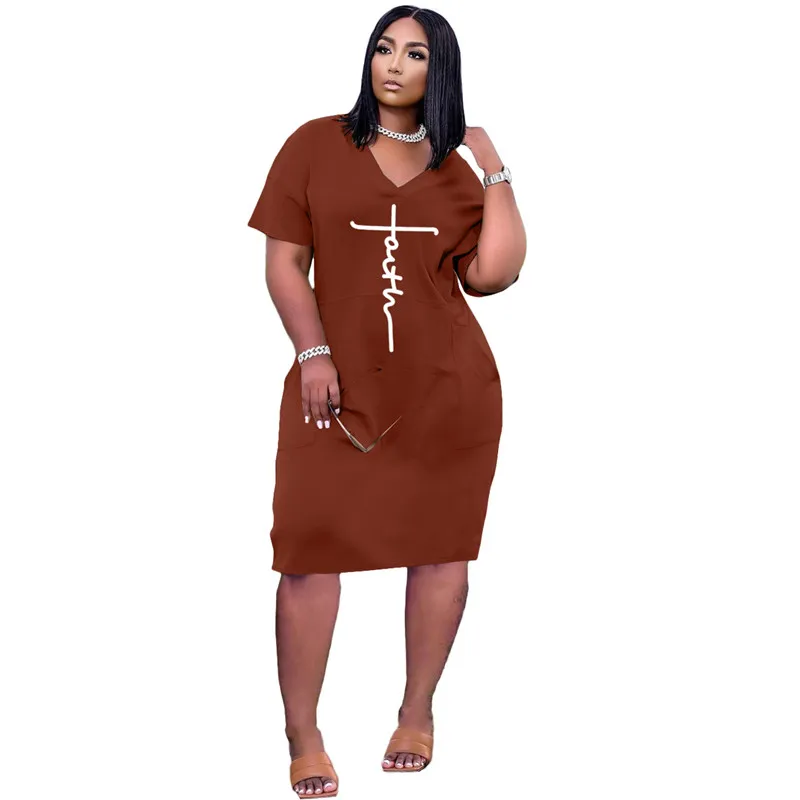 Nowe letnie sukienki Faith Kobiety plus rozmiar 3xl BodyCon sukienka z krótkim rękawem V Druk z kieszeniami swobodne czarne luźne spódnice Hurtowe ubrania 6898