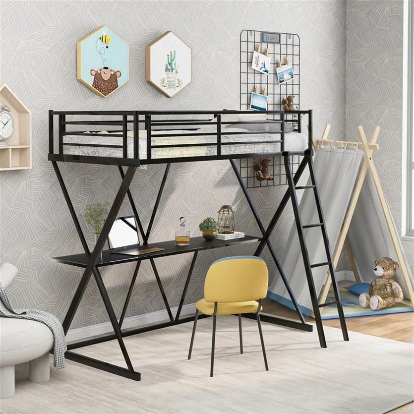 US Stock Twin Loft Bed Desk Bedroom Furniture with Ladder Guardrails, X-Shaped Frame, Black a11 a03