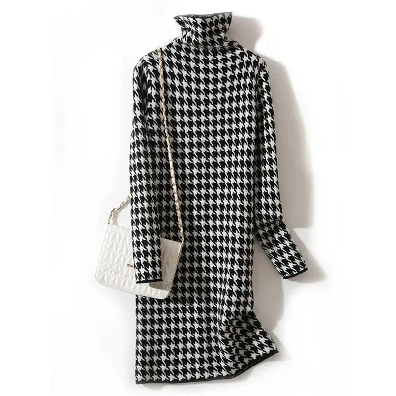 dress plus size autumn and winter Korean version of the houndstooth casual thick warm high-neck knitted bottoming dress 211221