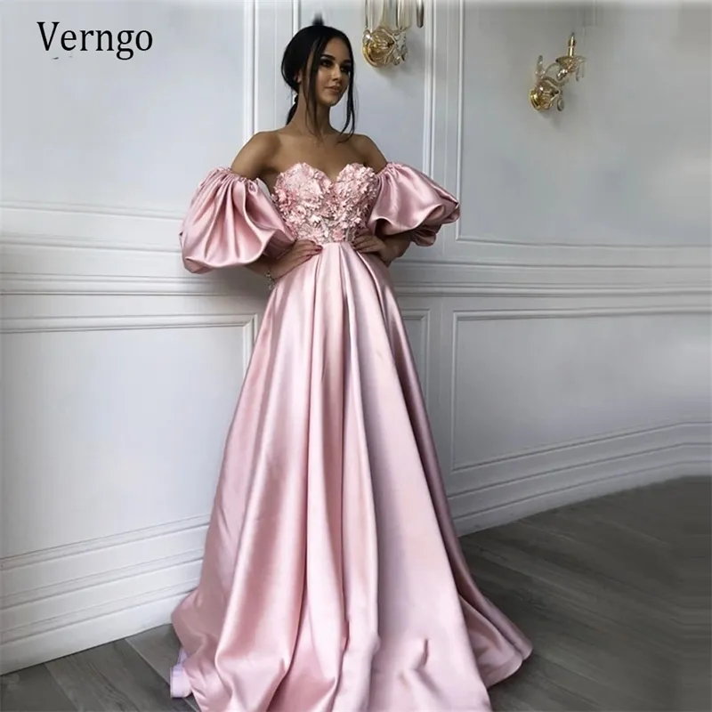 Verngo Elegante Rosa Abendkleider Lange Applikationen Spitze Fleck Kleider Formale Prom Kleid Robe De Soiree Anlass Party Kleid LJ201125