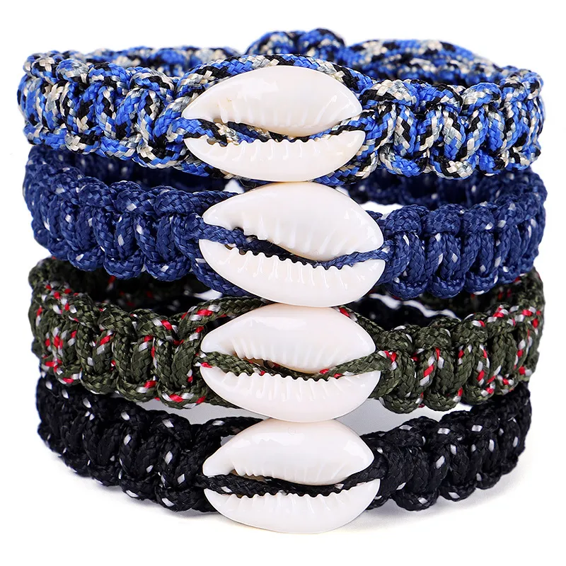 Nya mode män och kvinnor handgjorda stickning paracord länk armband naturliga skal charm armband