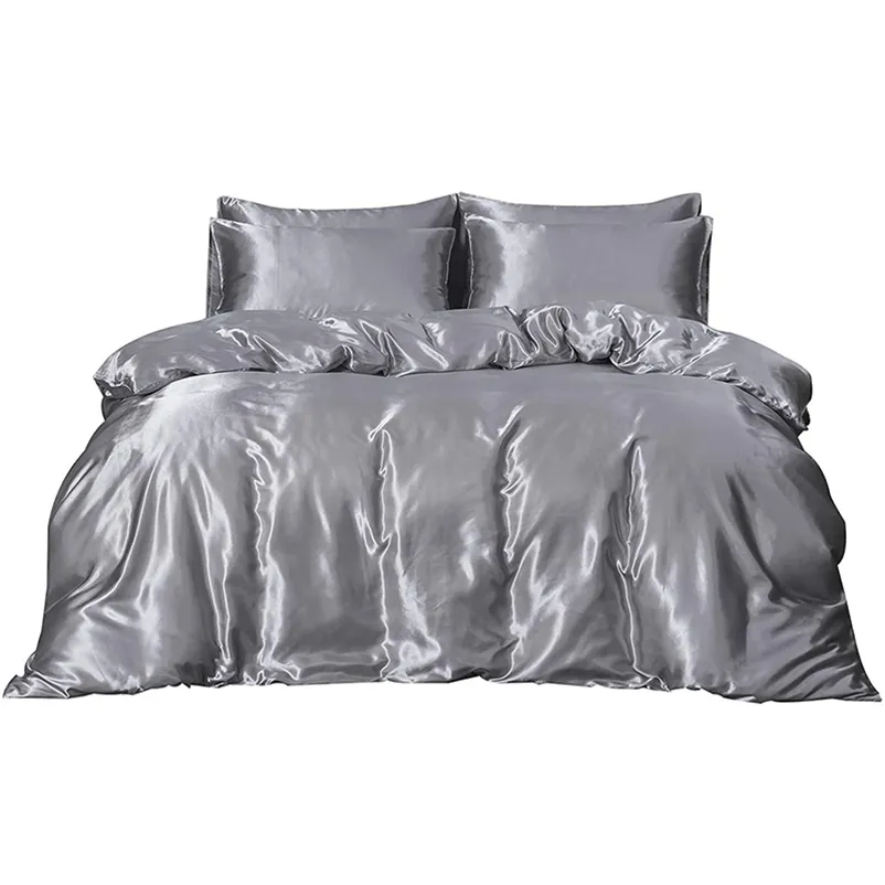 SUCSES Luxury Satin Bedding Set Silk Like Polyester Duvet Cover Set with Zipper Closure Corner Ties Twin Queen King Quilt Cover 201021