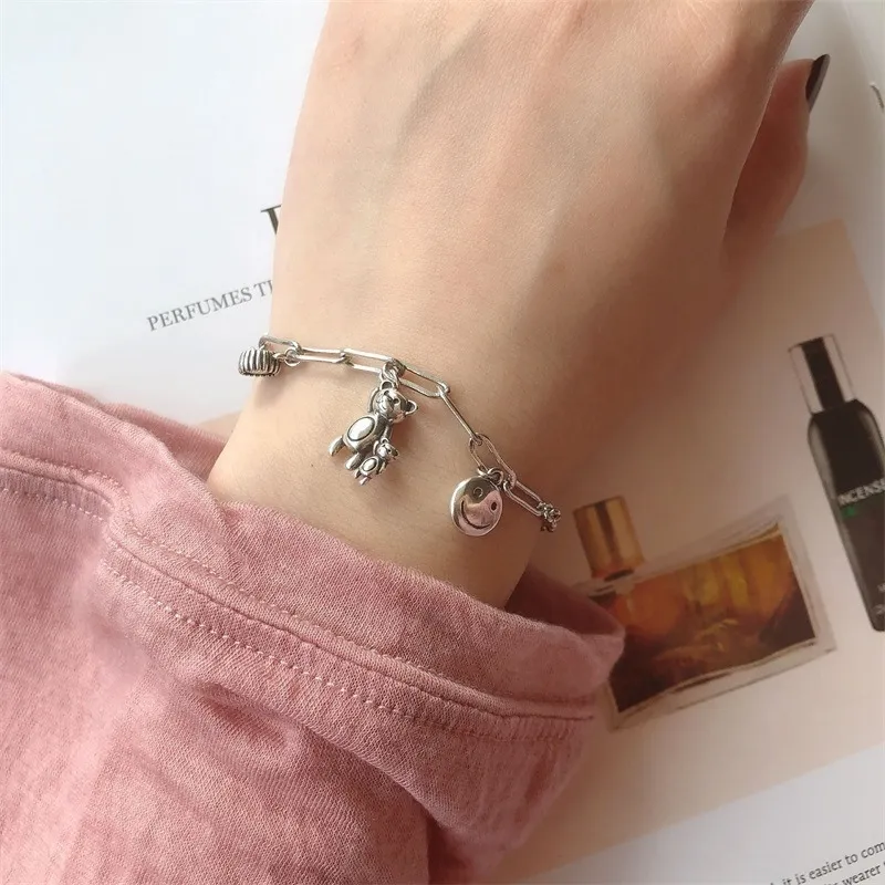 Bracelets Ins Japanese and Korean personality Bear Bracelet women's 925 Sterling Silver smiling Pendant Bracelet doll face star doll Pendant