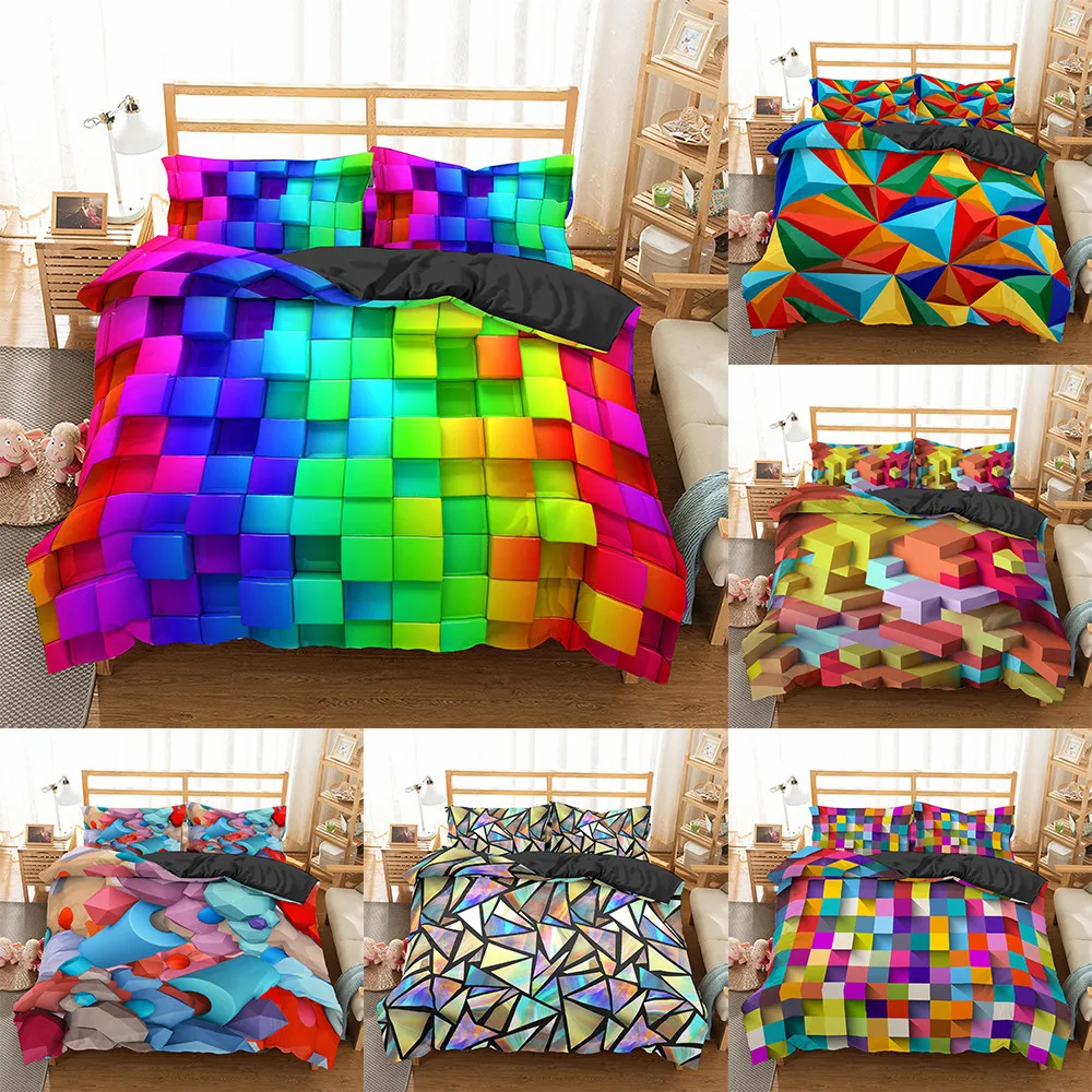 Homesky Toy Print Bedding Set Dot Building Blocks Duvet Cover Set Kids Bed Cover Färgglada tegelsten Spel Confort Cover 2 / 3pcs 201120