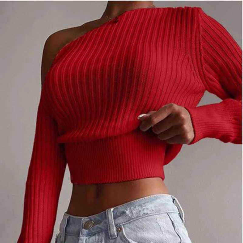 Fashion New Sexy Off Shoulder Women Sweater Jumper Spring Long Sleeve Knitted Crop Tops Fashion Solid Lady Pullover Sweaters Streetwear