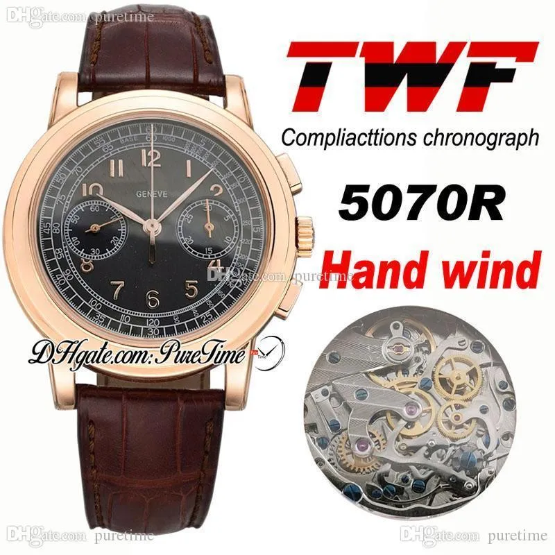 TWF Platinum complicações Cronógrafo 5070J Mão Enrolamento Automático Mens relógio 18k Rose Gold Black Dial Brown Couro Ptpp Puretime P5G7