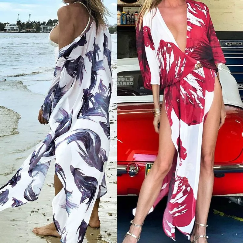 Women's Blouses & Shirts 2022 Boho Print Half Sleeve Dress Summer Beach Wear Long Kimono Shawl Cover Up Women Clothes Sexy V-neck Ladies Loo