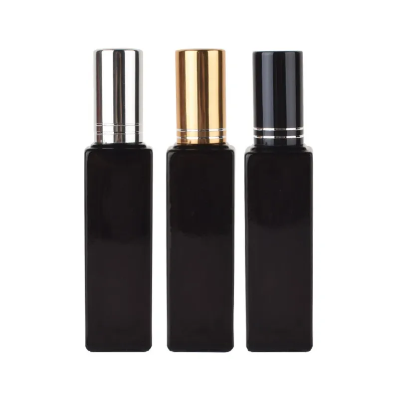 20ml Empty Square Black Glass Essential Oil Perfume Bottles Refillable Travel Size Mist Spray Bottle with black silver gold cap
