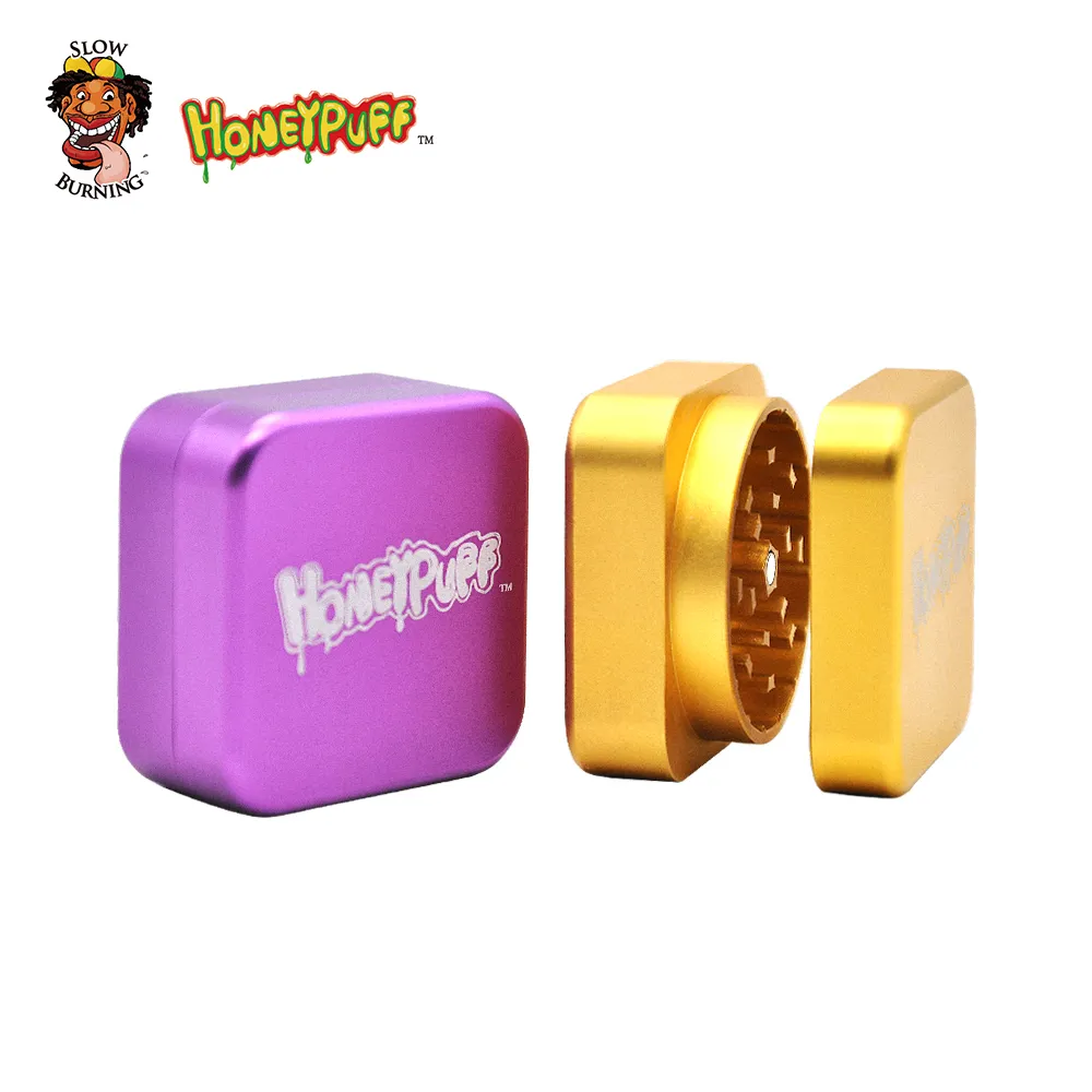 Honeypuff Frosted Feeling Square Aircraft Aluminium Herb Grinder 47 mm 2 Lager Spice Tobacco Grinder Crusher Hand Crank