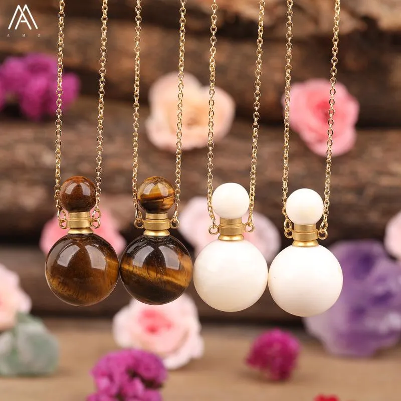 Natural Tiger Eye White Tridacna Stone Round Essential Oil Perfume Bottle Pendant Women Crystal Diffuser Gold Necklace Jewelry1283b