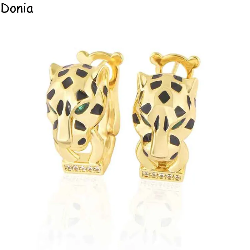 Donia Jewelry Luxury Stud Orecchini di design creativo a tre colori con doppio anello leopardato in acciaio al titanio micro-set di zirconi di moda europea e americana