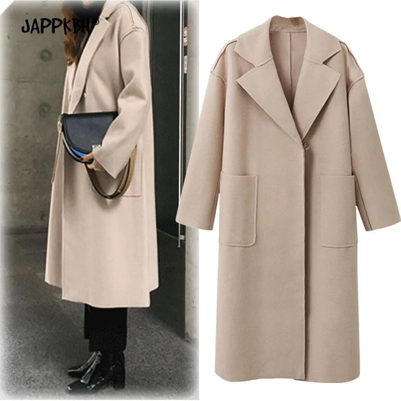 Autumn Winter Wool Coat Women Casual Vintage Solid Long Sleeve Thick Coats Female Elegant Warm Black Casaco Feminino