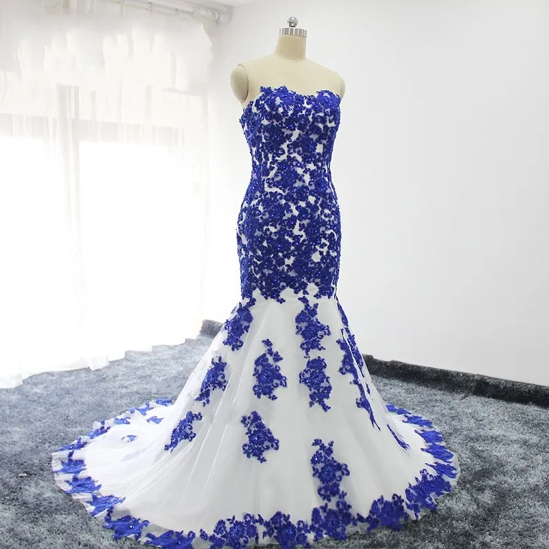 Royal Blue Applique Lace Mermaid Wedding Dresses Strapless Beaded Sequins Plus Size Bridal Dress For Womens Party Bridal Custom Fo297E