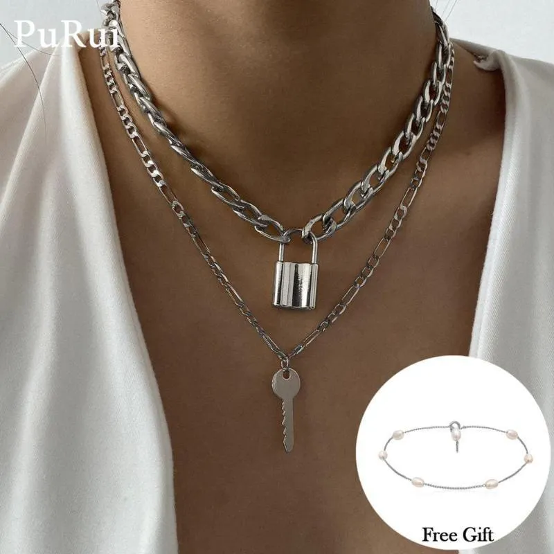 Cubaanse link ketting choker ketting punk multilayer hangslot sleutel lange hanger ketting voor vrouwen goud kleur kraag jewlery1