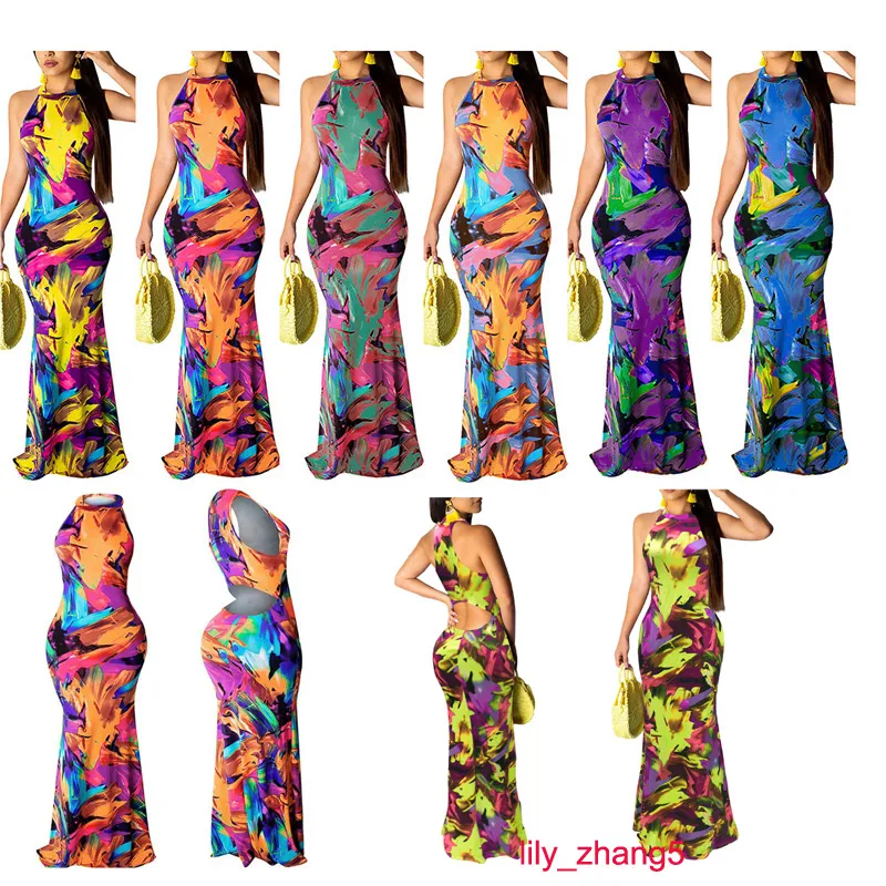 Kobiet bez rękawów Neck Harder Hollow Out Out Vintage Floral Print Party Beach Evening Long Maxi Dress