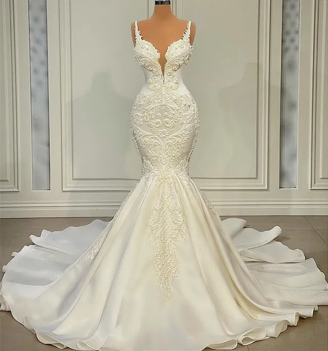 2022 Arabski Plus Size Aso Ebi Mermaid Seksowna luksusowa ślub spaghetti koronkowe koraliki suknie ślubne sukienka ZJ334