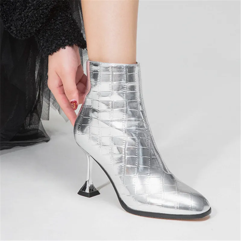 Hot Sale Fashion Women High Heels Ankel Boots Guld Silver Höst Vinter Party Bröllop Prom Skor Kvinna Sexiga Pumpar Kvinna Stövlar