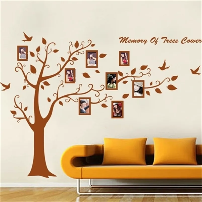 木の枝に大型の家族の写真フレームと魚の鳥の茶色の装飾的な壁のステッカー201211