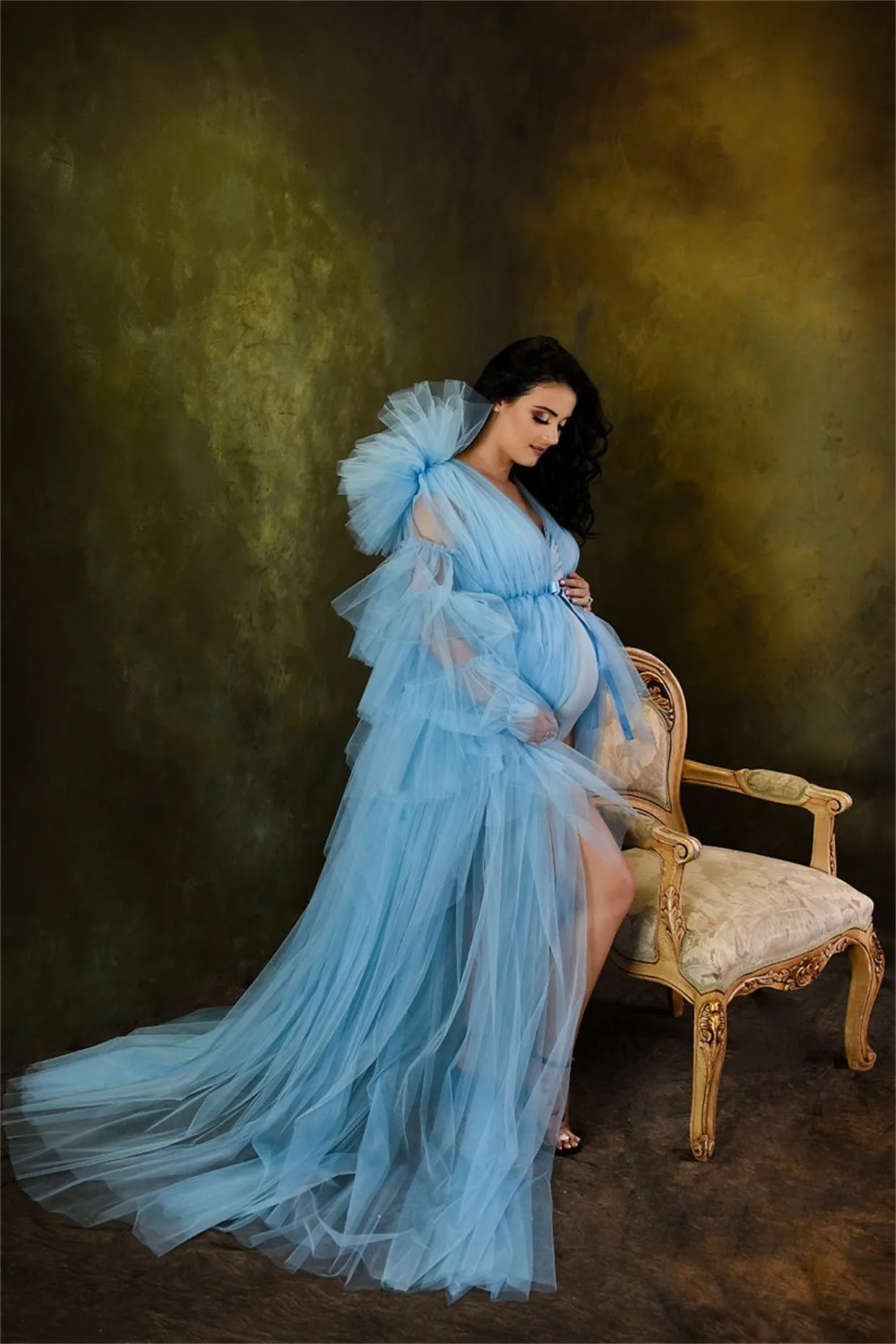 Fluffy Babydoll Dress Fluffy Nightie Custom-Made Sky Blue Ruffled Maternity  Nightgown With Puffy Sleeves For