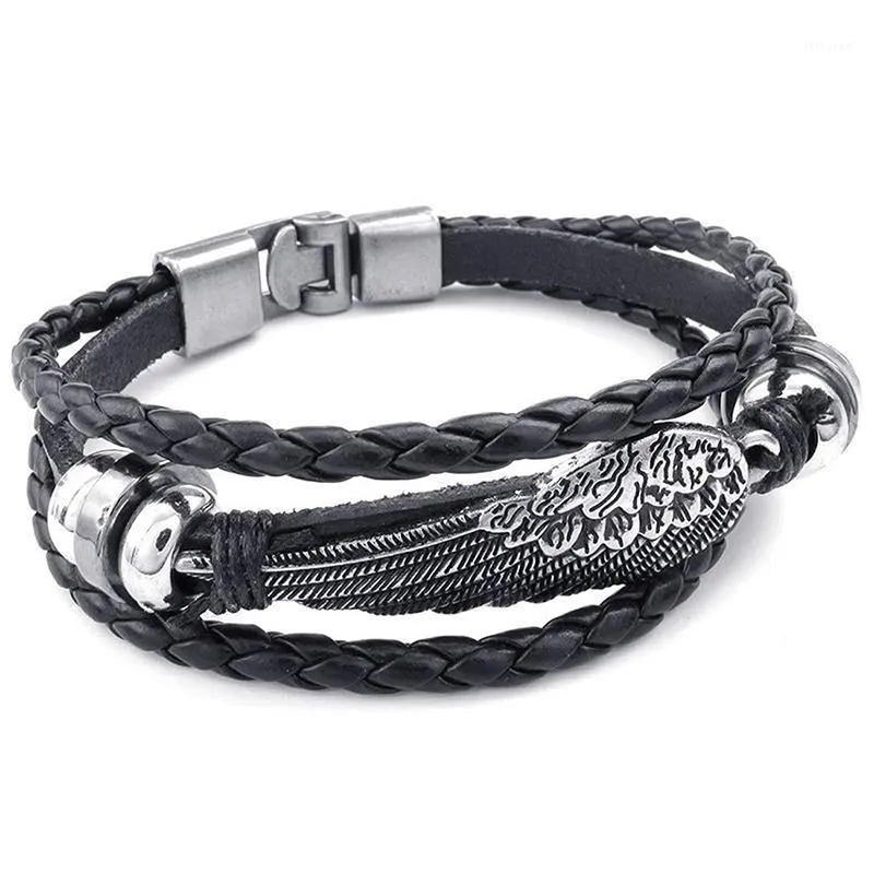 Braccialetti con ciondoli Bracciale con fibbia in metallo retrò Gioielli Ala Angelo Treccia Polsino Lega di pelle Fantasia per uomo e donna Catena a mano Colore nero1