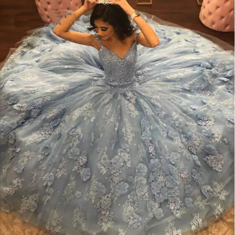 2022 Ball Gown Quinceanera Dress Blue Spaghetti Straps Flower Lace Long Sweet 15 16 Birthday Party Gown