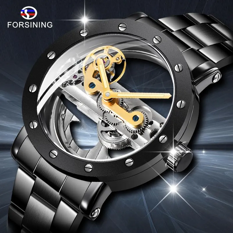 FORSINING Classic Men Watches Top Brand Stainless Steel Automatic Mechanical Watch Black Color Skeleton Relogio Masculino