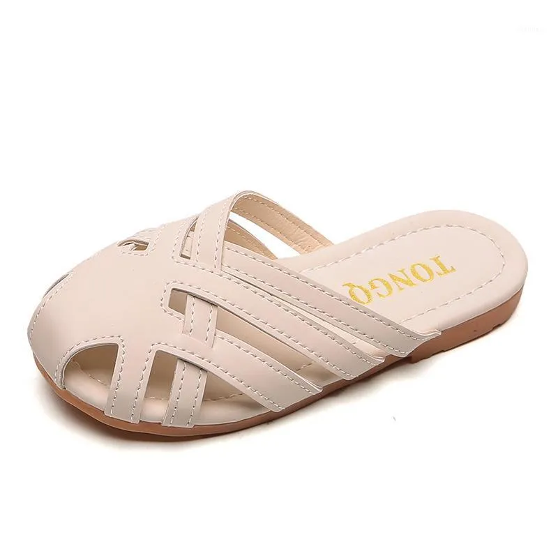 Big Girls Slippers Summer Children Shoes Fashion Cross Outdoor Flat Sandals For Kids Slides Beige