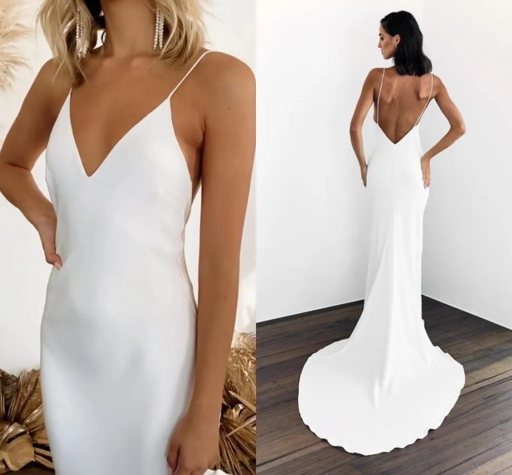 Vestidos de novia de sirena de playa simples 2021 Correas de espagueti sexy Espalda abierta Vestidos de novia de Boho Country Sweep Train robes de mari￩e AL7661