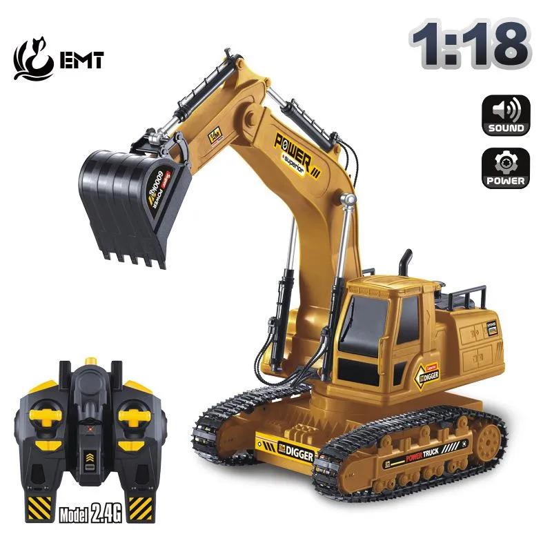 EMT E3 Fjärrkontrollgrävare Digger, Boy RC Car Kid Electric Toys, 2,4 g 10 kanaler, 1:18 Skala, 680 ° Rotera, simulering Ljudljus, för födelsedag Julklappar, 2-1