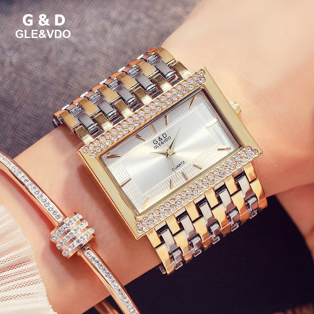 G&D Brand Women Watches Fashion Rectangle Case Quartz Clock Luxury Crystal Golden Bracelet Wristwatch Ladies Watch 201118