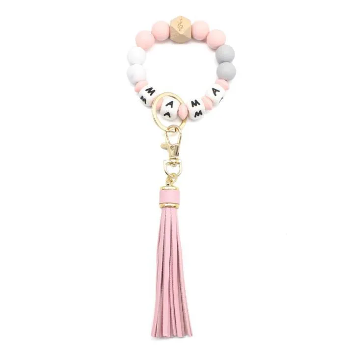 Party Favor Letter Silicone Bead Bracelets Tassel Key Chain Pendant Women`s Jewelry Bag Accessories Mother`s Day Gift SN4866