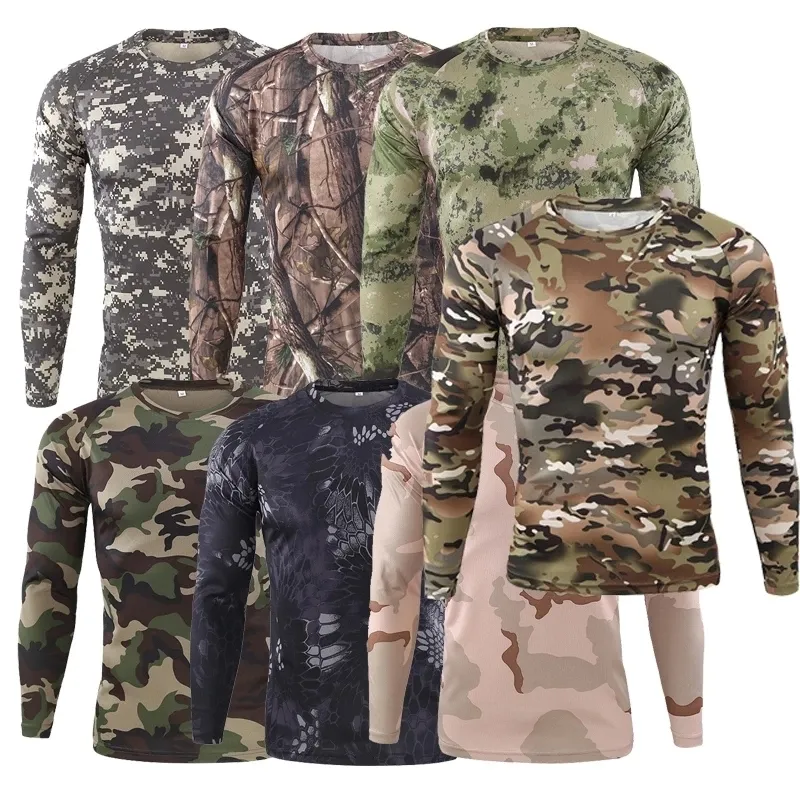 Erkek Taktik Hızlı Kuru T Gömlek Kamuflaj Camo Spor Nefes Uzun Kollu Açık Askeri ABD Ordusu Savaş T Shirt Tops 220308