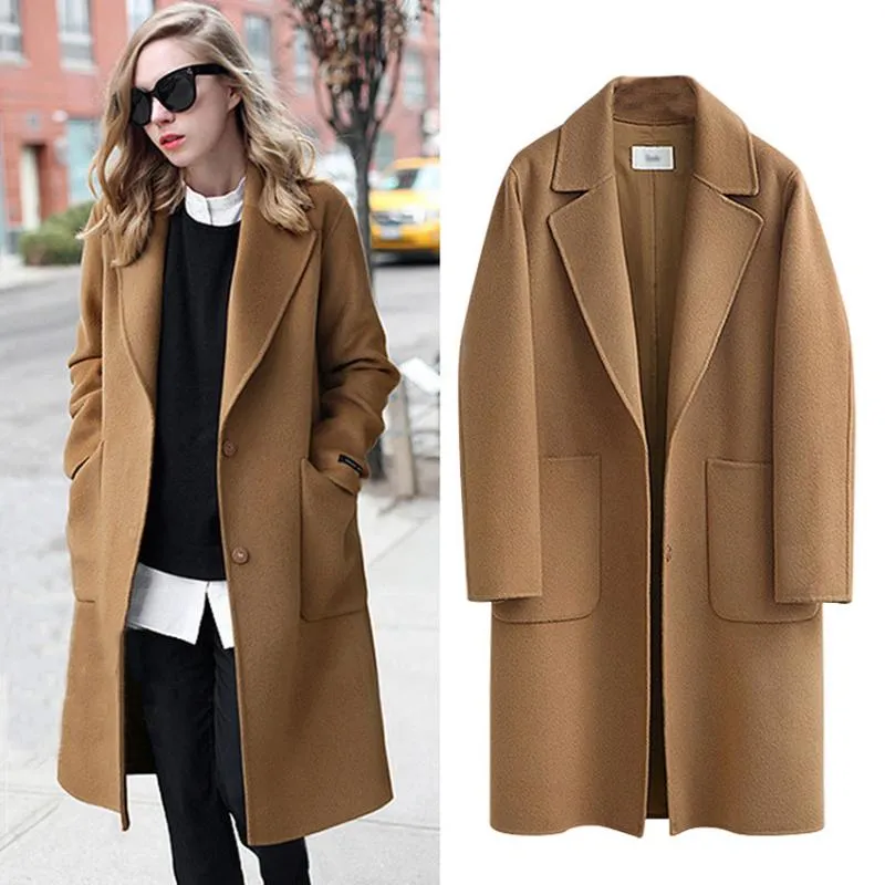 Kvinnlig elegant ullrock Autumn Winter Coat for Women Wide Lapel Pocket Woolen Blend Oversize Long Trench Coats Outwear