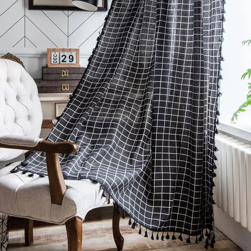 Tenda nera plaid con nappa per salotto Blinds Windows francese in cotone  semi blackout finiti tende