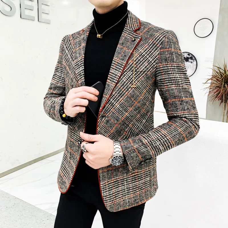 Style britannique Plaid Blazer pour hommes Costume Veste Casual robe de mariée en laine manteau unique affaires Homme Bouton Veste Costume Homme LJ201103