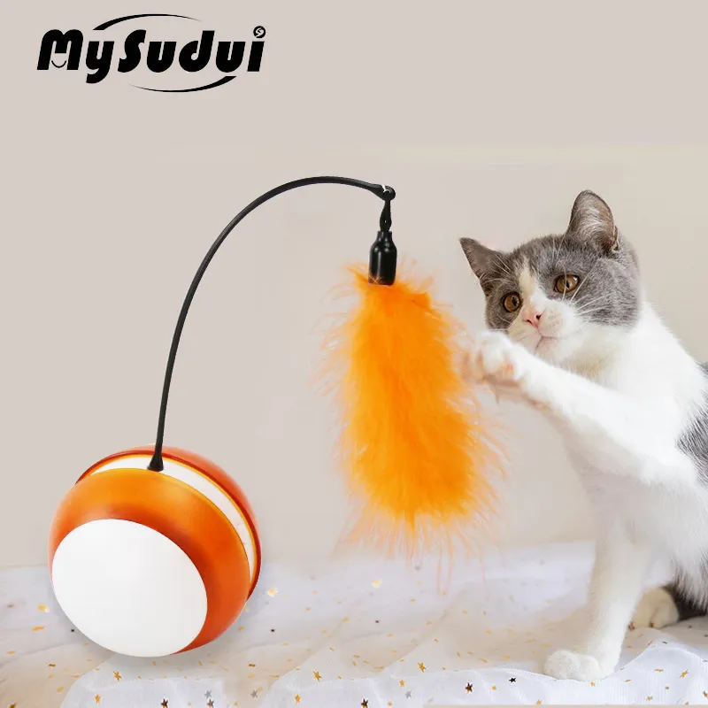 Elektrisk katt leksak smart rullande boll interaktiva automatiska katt leksaker hjul med teaser fjäder pinne led ljus träning kattunge leksak lj201125