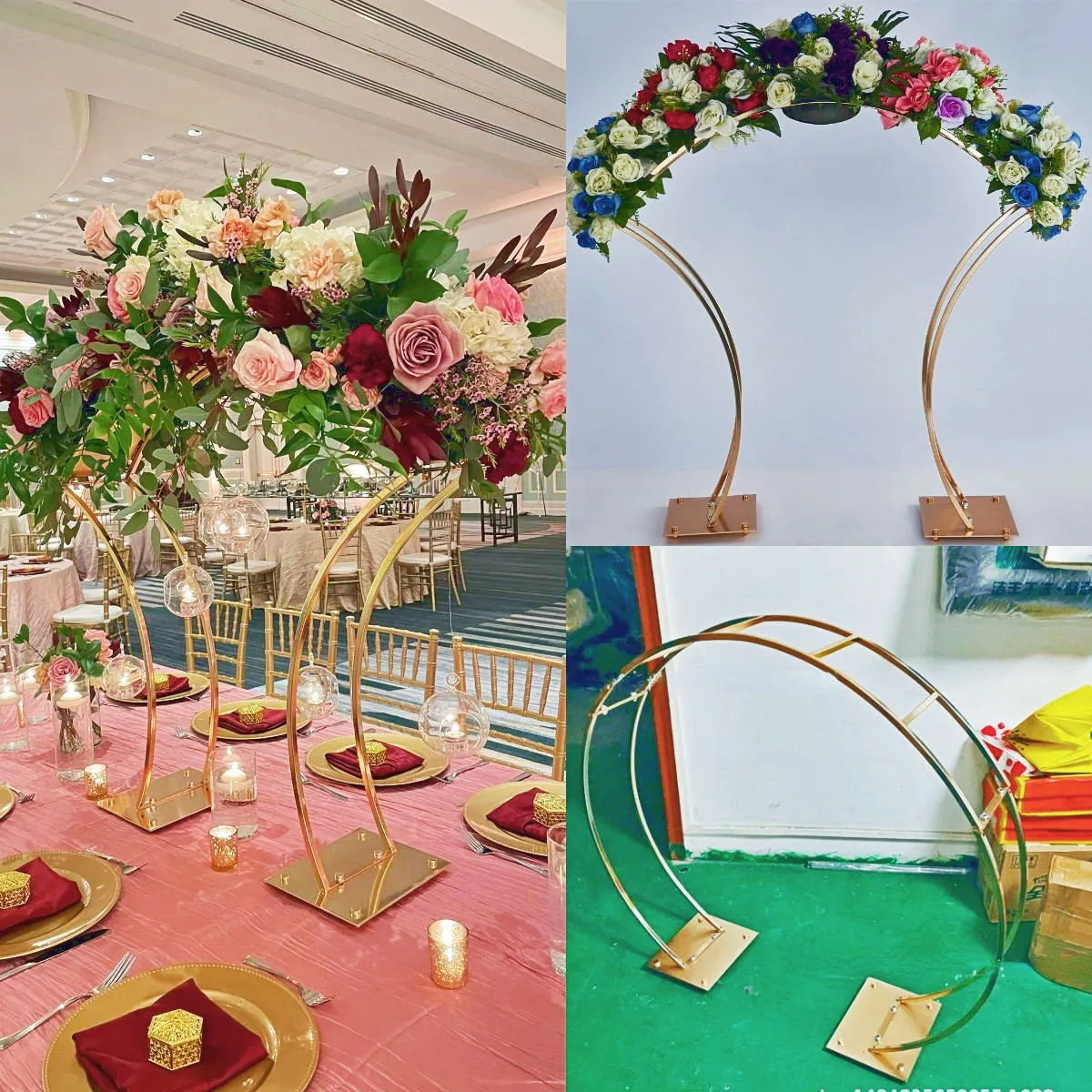4大結婚式の装飾テーブルの中心的な花の列金属ホルダーの花の棚光沢のある金のマルチスタイルのアーチスタンドグランドイベントパーティーステージ歩道の背景の小道具