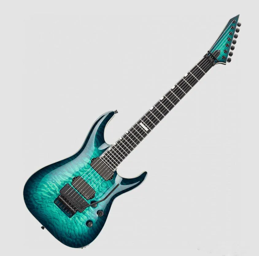 DHgate E II Horizon FR 7 Black Turquoise Burst Electric Guitar Quilted Maple Top 1 Piece Body Tremolo Musical Instruments