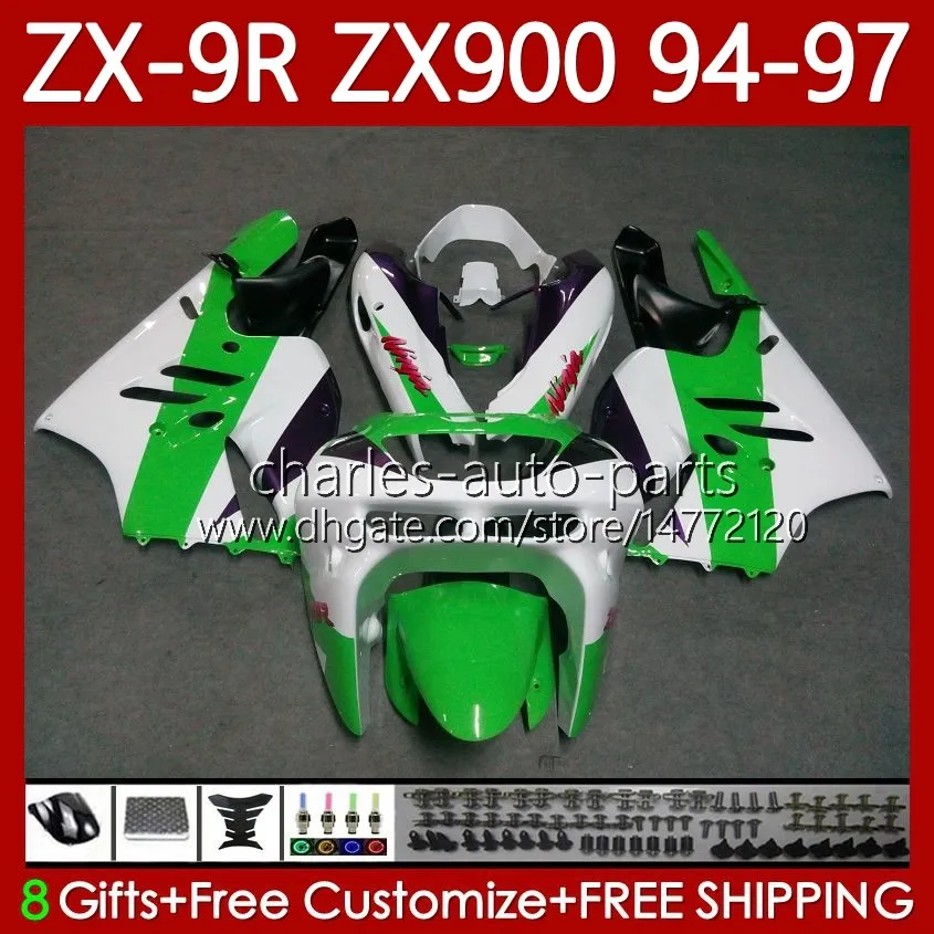 Kawasaki Ninja ZX-9R için Perazlar Kiti 9R 9 R 900 CC ZX9 R ZX9R 94 95 96 97 Karoser 100NO.65 ZX900 900CC ZX-900 Beyaz Green 1994 1995 1996 1997 ZX900C 94-97 OEM Moto Vücut