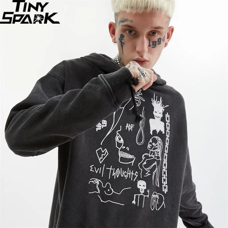 Streetwear 씻어 까마귀 스웨터 악마 낙서 힙합 망 하라주쿠 그래픽 인쇄 까마귀 면화 가을 땀 셔츠 201020