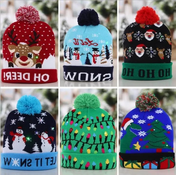 導かれたクリスマスの帽子ニットポンポンポンマスマスビーニーかぎ針編み冬の帽子ディアエルクギルズウォームスカルキャップクリスマスホームデコレーション卸売