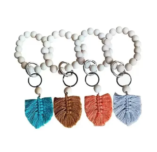 Party Wooden Bead Bracelet Keychain Pure Wood Color Car Chain Cotton Tassel Keyring with Alloy Ring Wood Beaded Decoration dd994