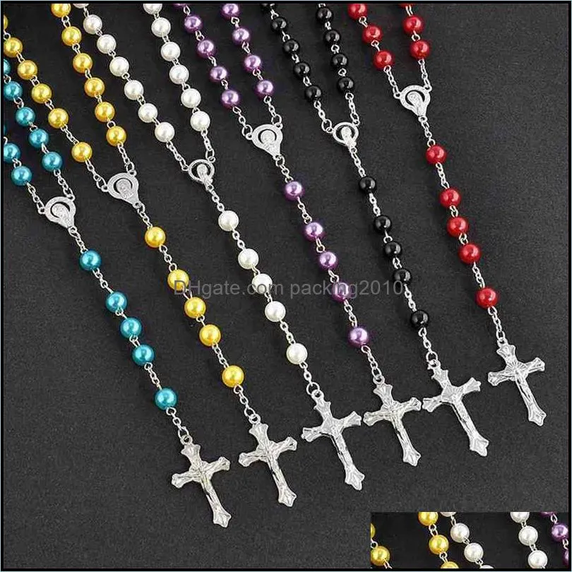 Nieuwe Mode Hanemaakte Ronde Glazen Katholieke Rozenkrans Kwaliteit Bead Kralen Kruis Religieuze Hangers Ketting