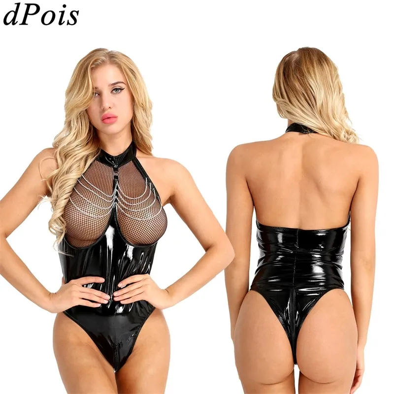 Sexy Lackleder-Body, einteiliger Badeanzug, Damen, ärmellos, Netz-Büste, Monokini, Neckholder, Reißverschluss, offener Schritt, Trikot T200114